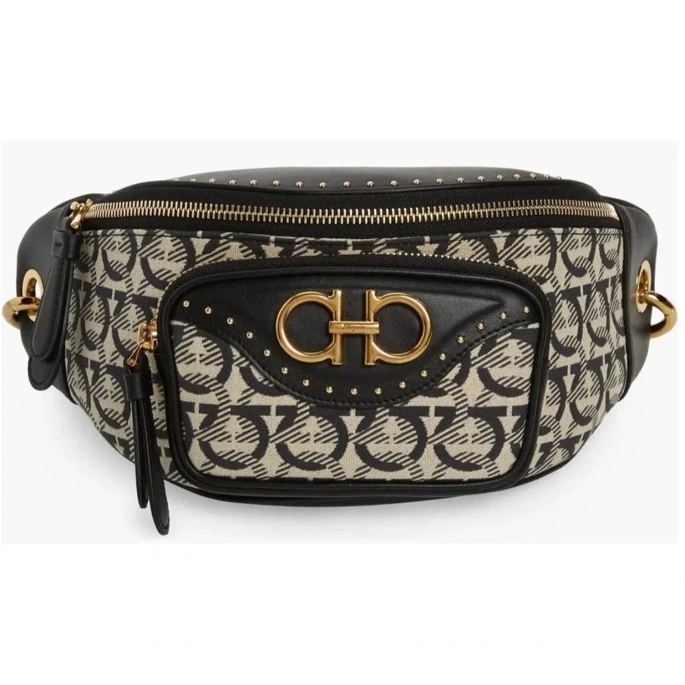 Salvatore Ferragamo Gancini jacquard black leather belt bag crossbody, authentic
